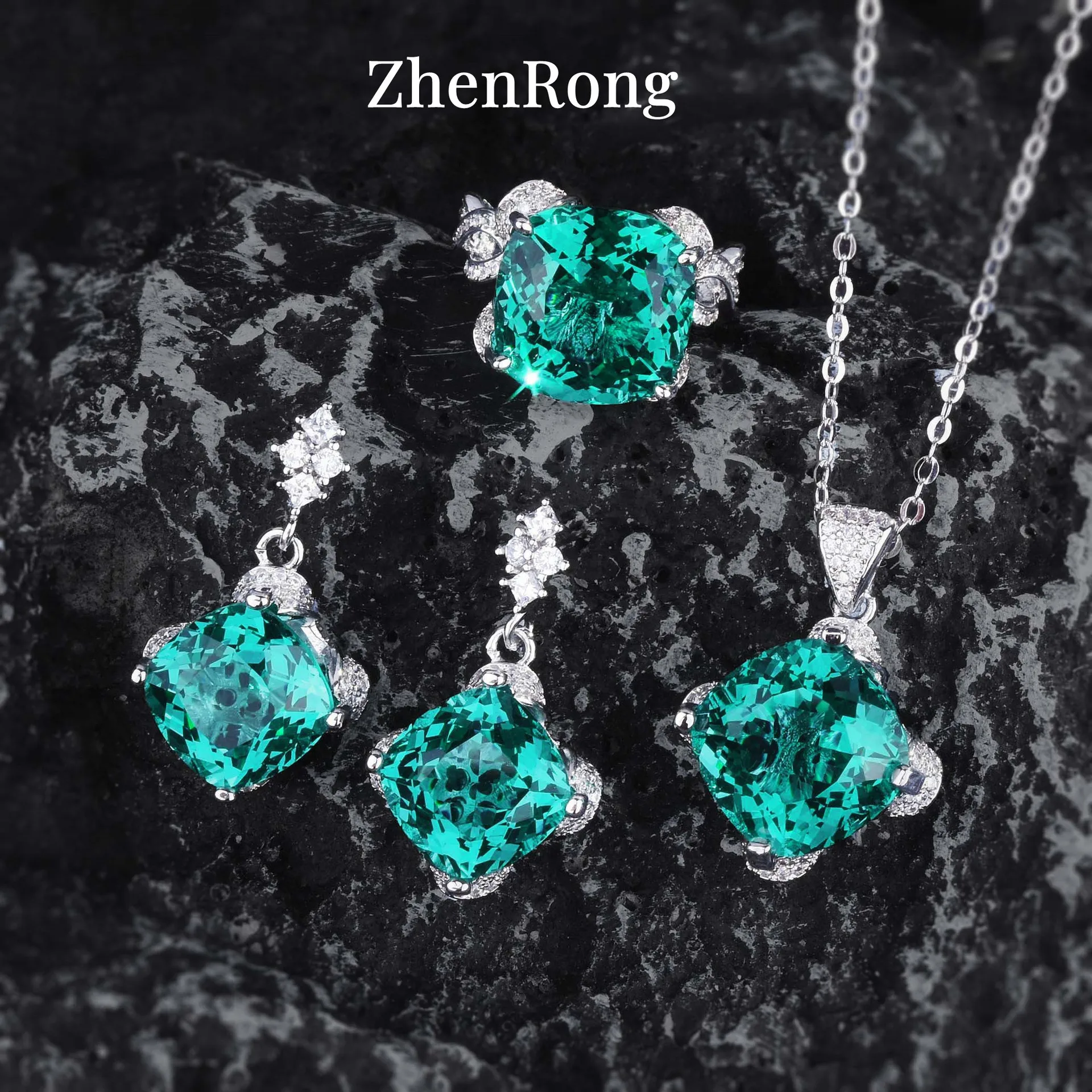 New Women Luxury Simple Bridal Wedding Jewelry Sets 15 Carat Artificial Blue Green Moissanite Pendant Necklaces Earrings Rings