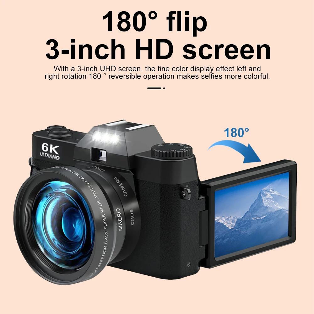 كاميرا تصوير رقمية 6K تكبير رقمي 16X 64 ميجابكسل مسجل فيديو مدونة فيديو عتيق يوتيوب 180 °   كاميرا ويب واي فاي بشاشة قلابة مع فلاش