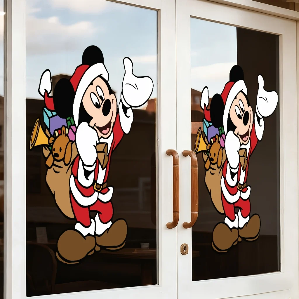 1 ملصق نافذة عيد الميلاد من ديزني، سانتا كلوز ميكي مع تصميم حقيبة هدايا - مناسب للزجاج والجدران والثلاجة والمرايا وديكور الغرفة