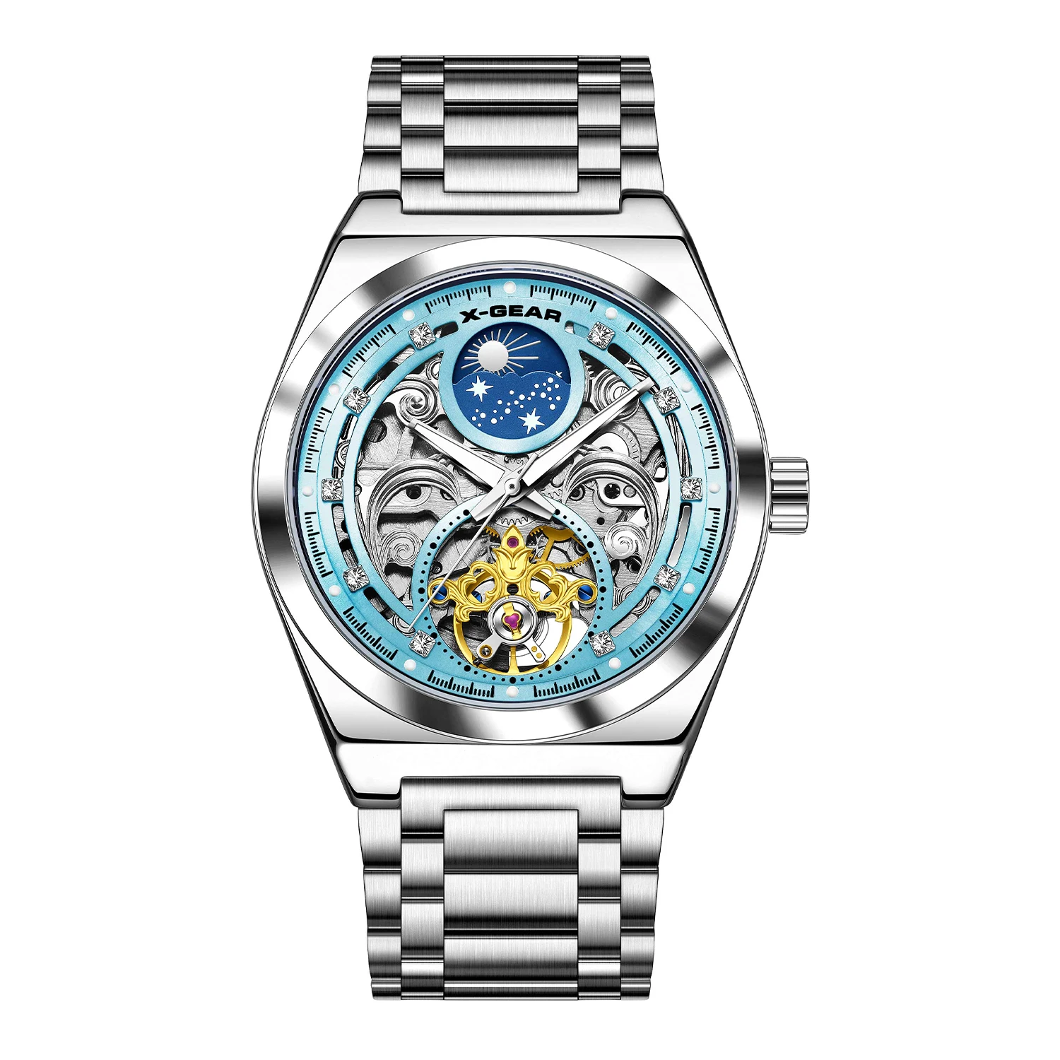 メンズ機械式ムーブメント腕時計、ステンレススチールストラップ、夜光、防水、カジュアル＆ビジネス腕時計