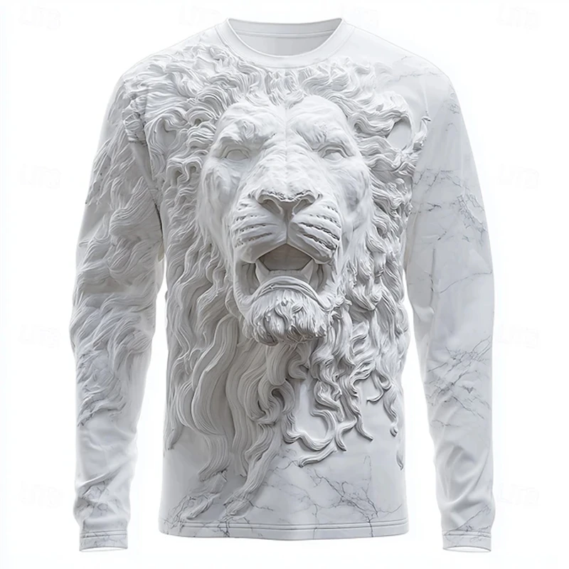 New Solid-Color Fashion 3D Lion Print Men's Long-Sleeve Sweatshirt Fun Animal Pattern Oversized Hoodie Spring Trendy Apparel