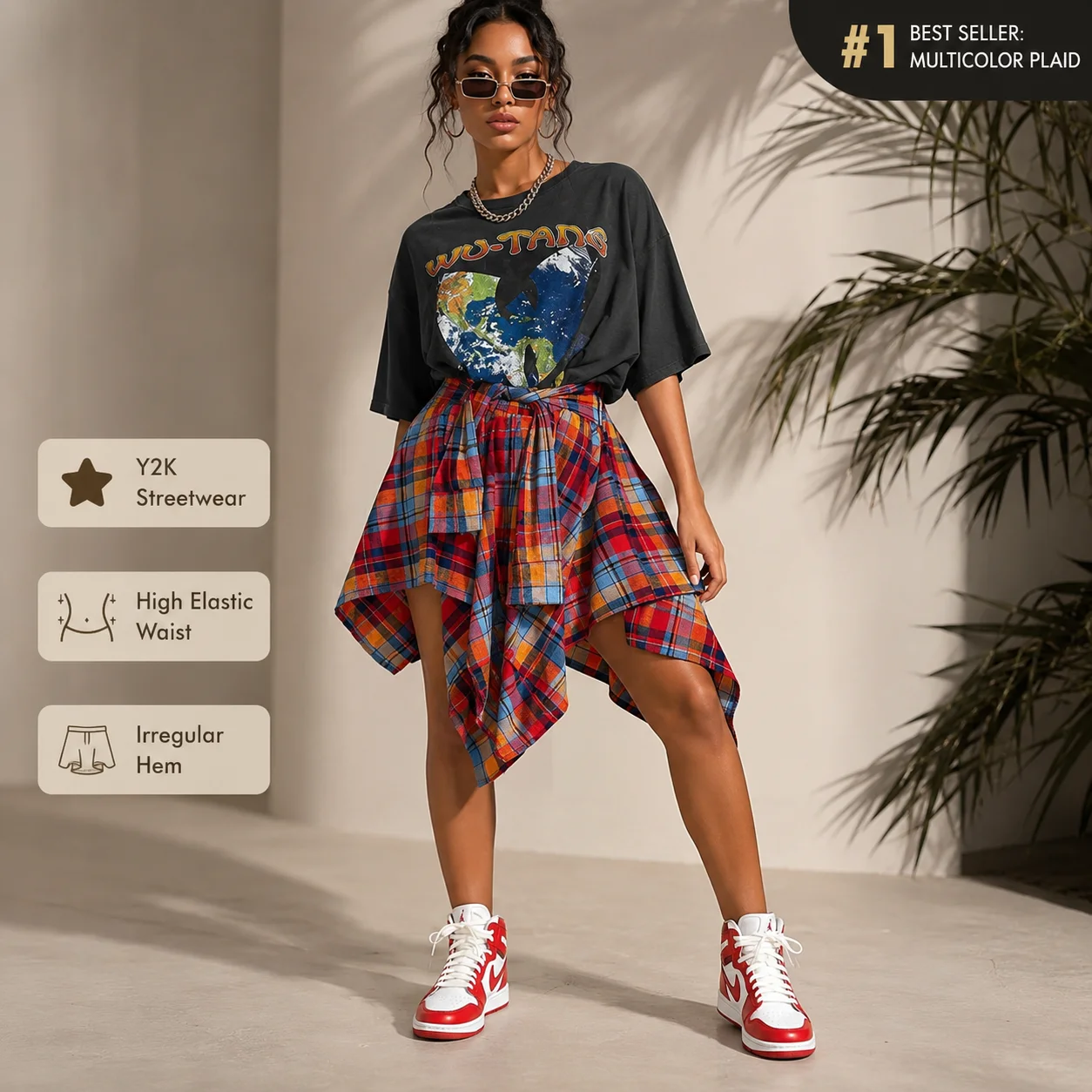 XXL Size Women Asymmetrical Plaid Skirt High Waist Tie Lace Up Knee Length Irregular Hem Streetwear Y2K Wrap Mini Skirt Summer C