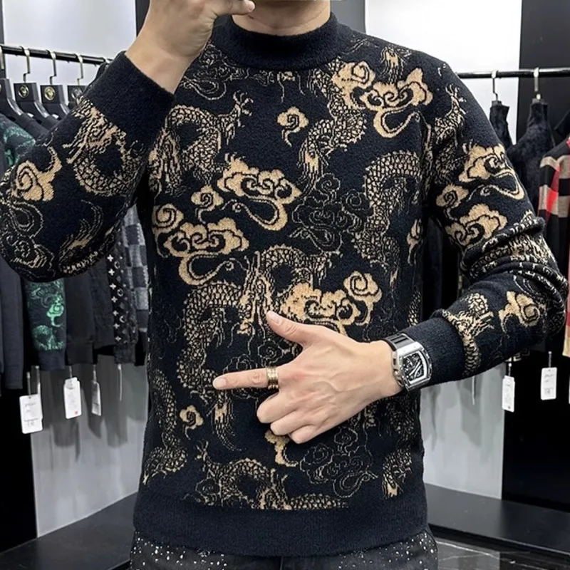 Fashion Knitted Sweater Men Mock Neck Warm Keeping Sweater Pullover European High Quality Men Pullovers Loong Print Streetwear