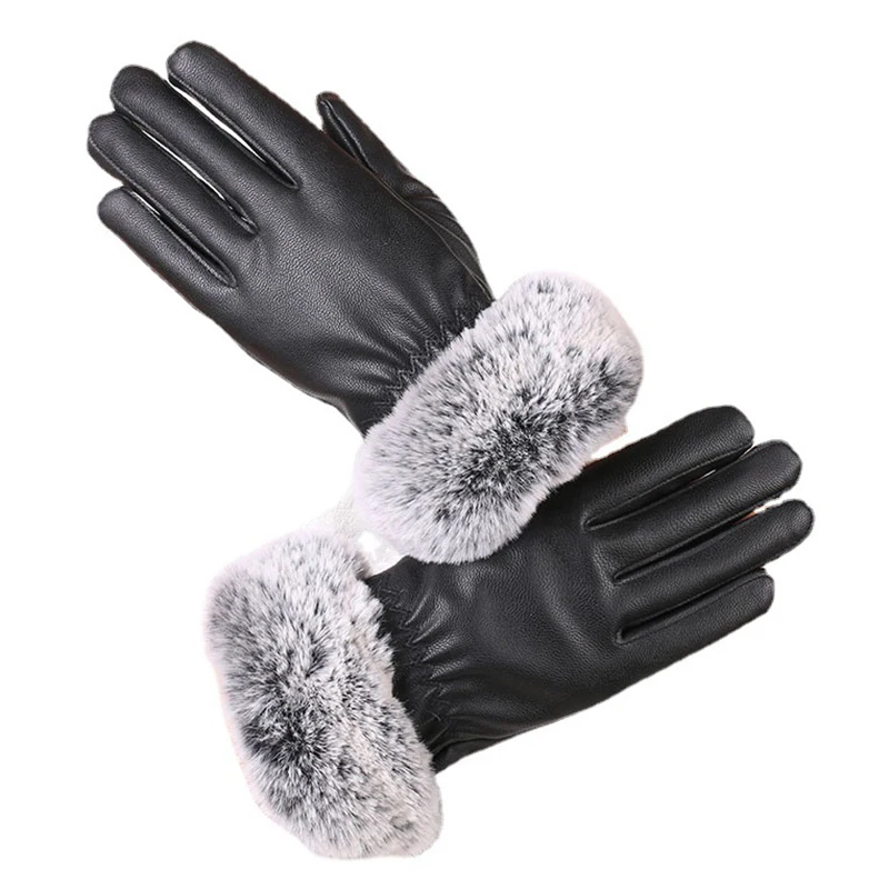 1 Pair Women Winter Warm Gloves Women Lady Black PU Leather Gloves Autumn Winter Warm Rabbit Fur Mittens Warmth Warmer Mittens