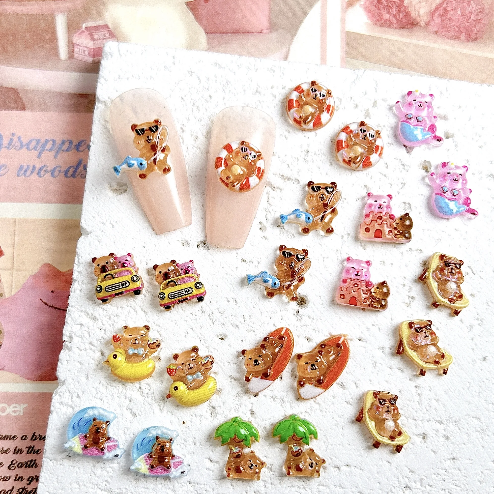 20PCS Multiple Style Duck Coconut Tree Resin Nail Charms Cartoon Novelty Castle Guinea Pig Beach Series Nail Art Decorations DIY