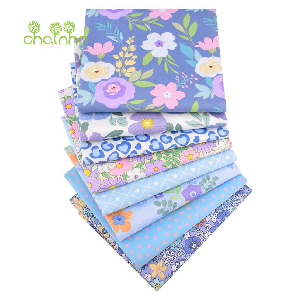 Chainho,Printed Twill Weave Cotton Fabric,Patchwork Cloth,DIY Sewing Quilting Material,Blue Flower Series,3 Specification,2C46