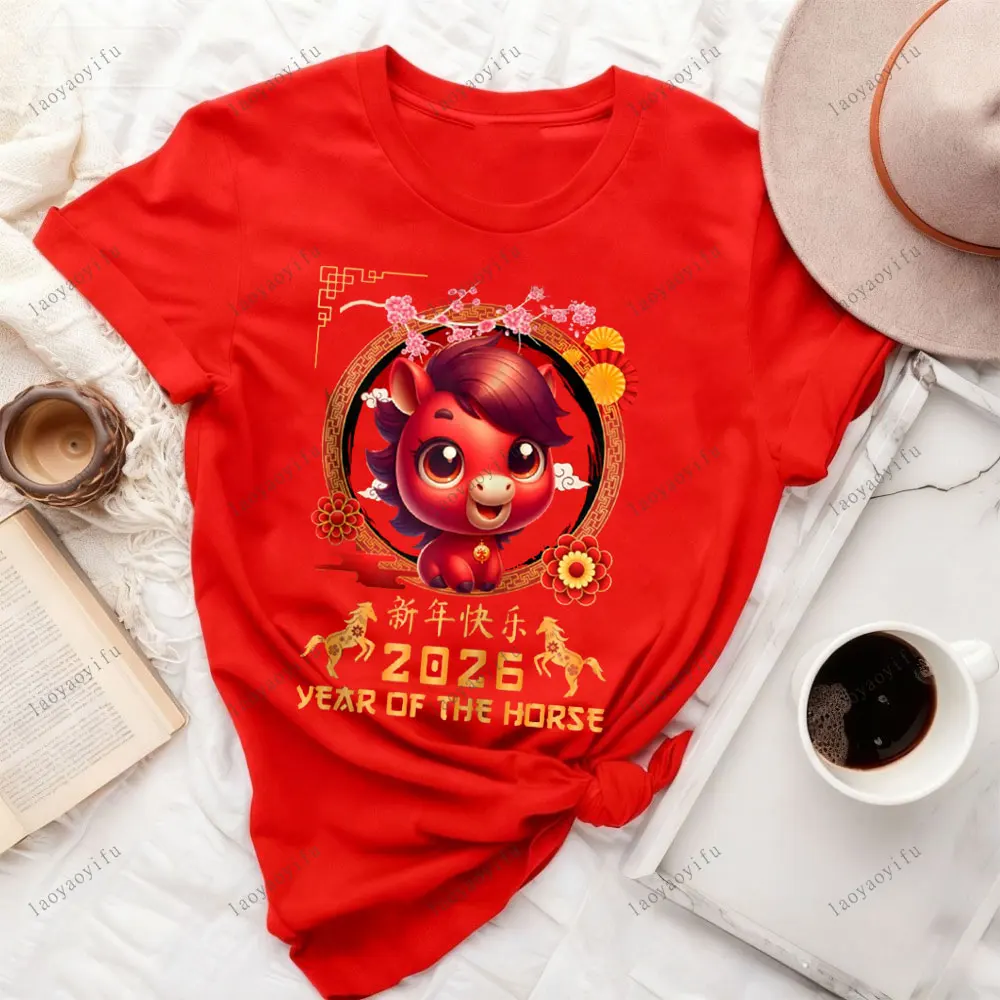 Year of The Horse 2026 Chinese Lunar New Year 2026 Women T Shirt New Year Eve Horse Pattern Sweatshirt Y2k Tops Graphic Tees