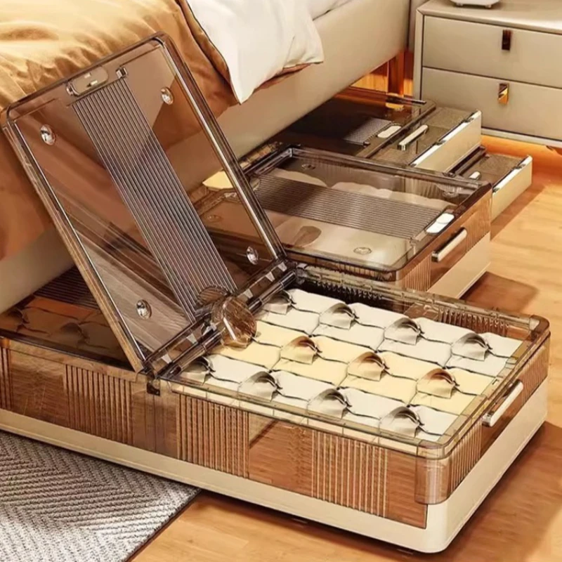 Flat Under Bed Storage Box With Wheels Foldable Transparent Clothes Quilt Organizer Household Premium Storage Container