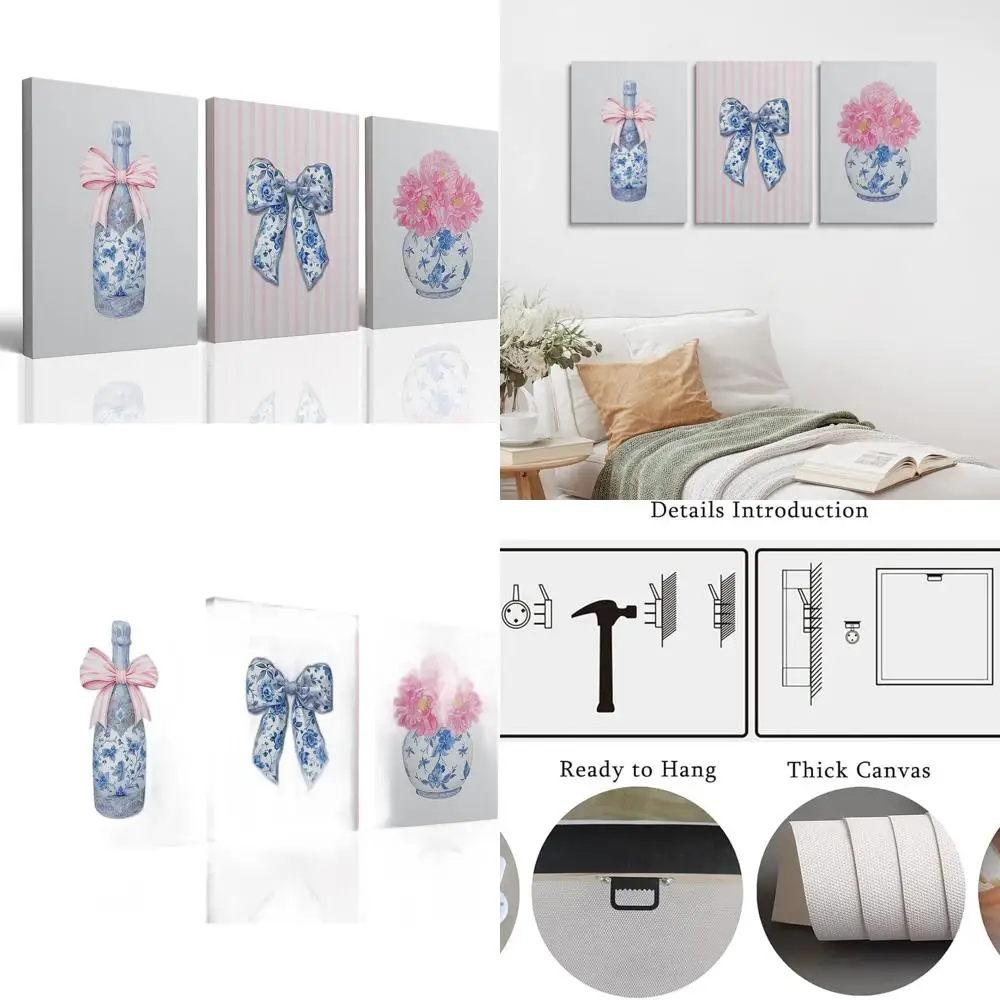 

Настенный художественный набор с синими и розовыми цветами шинуазри, 12x16 дюймов, элегантные банты, эстетика акварели для комнаты девочек