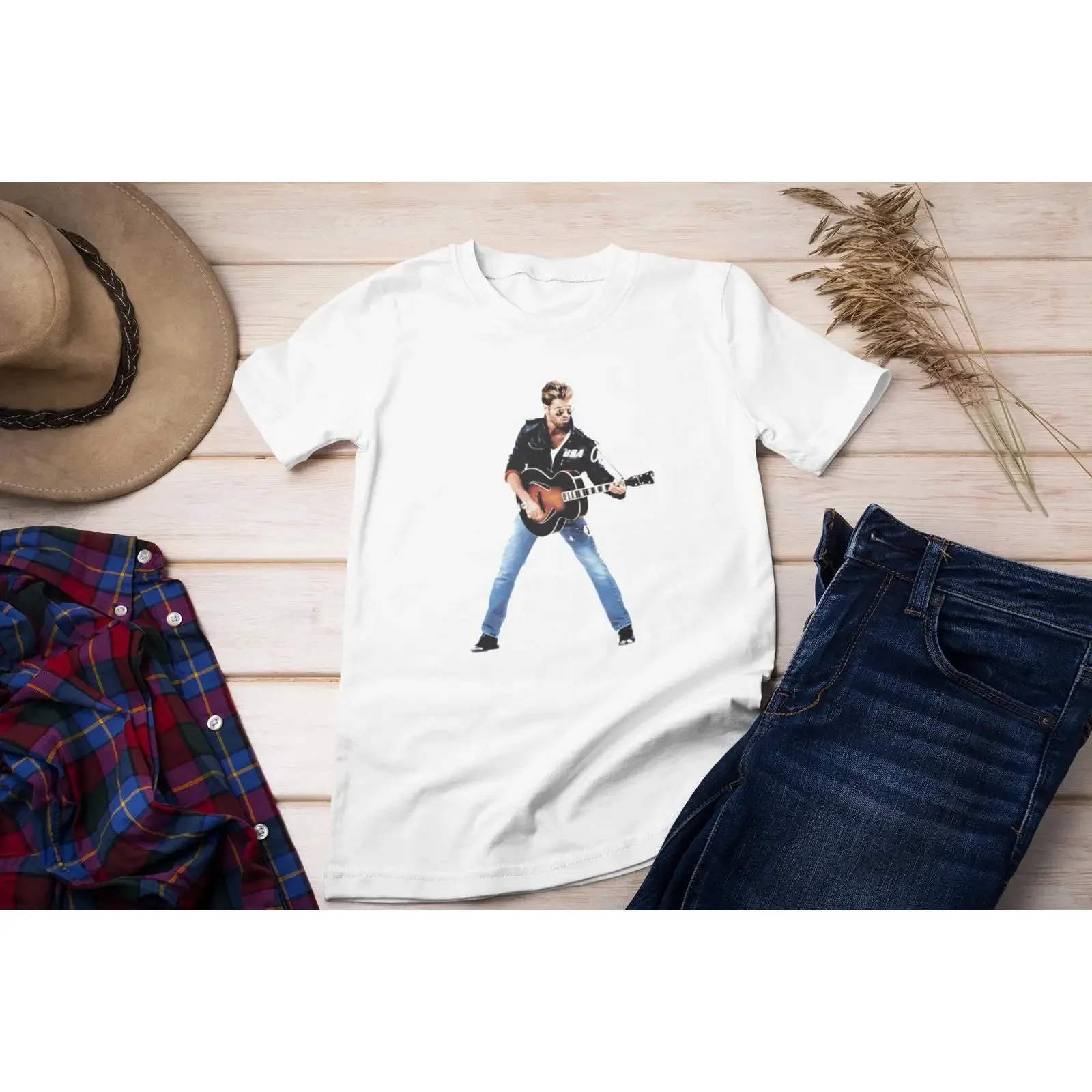 George Michael Guitar T Shirt Faith Retro Rock Pop Dance Music Casual  vintage Washed Stretched fashion Soft Unisex streetwear