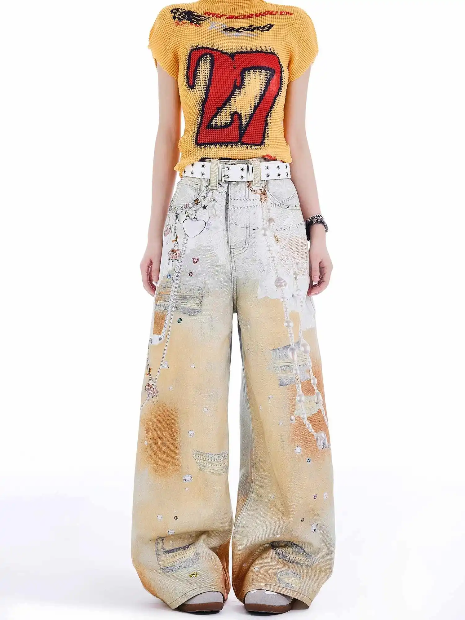 Women Orange Baggy Y2k Ripped Jeans Harajuku Vintage Graffiti Print Denim Trouser Japanese 2000s Style Jeans Pants Clothes 2025