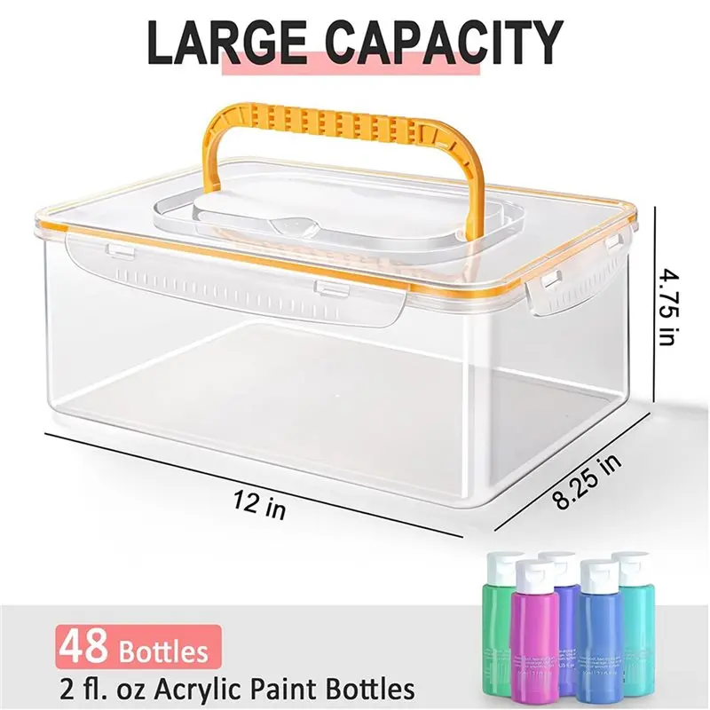 QWE-2X Acrylic Paint Storage Box For 2 Fl. Oz Acrylic Paints, 48 Bottles Capacity, Brushes Craft Organizer With Handle