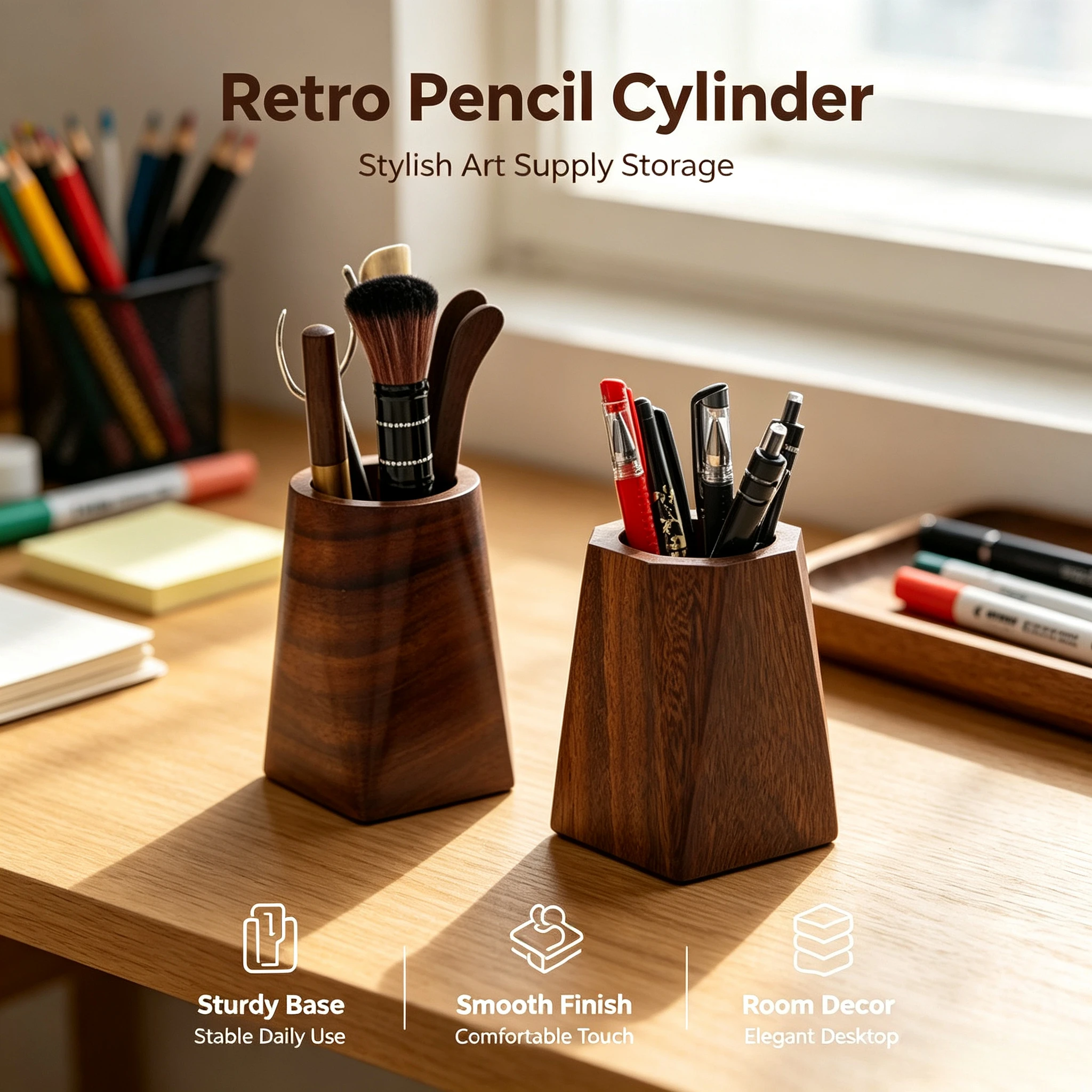 Stationery And Office Supply Stores - Porta-canetas de madeira, um cilindro colorido
