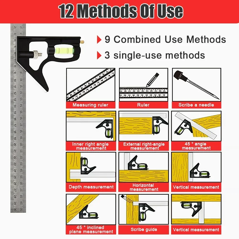 DIY Precise Stainless Steel Measuring Tools Aluminium Combination Mobile Square Workshop Hardware Angle Spirit Level 12\