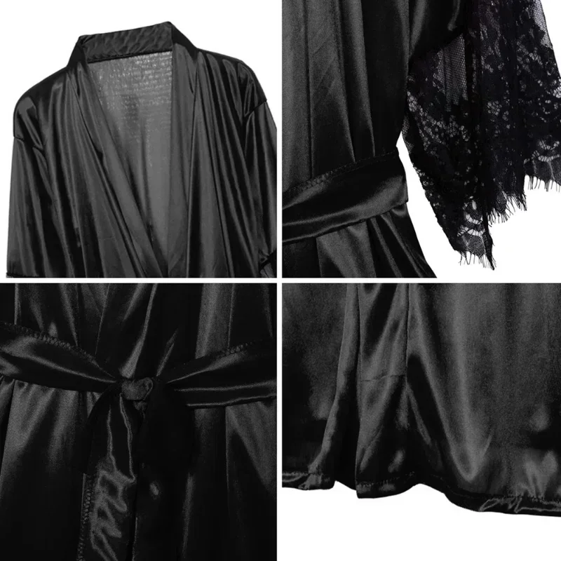 Female French Sexy Silky Satin Sleepwear Women Night Gown Robe with G String Floral Lace Bathrobe Halt Sleeve Nightdress