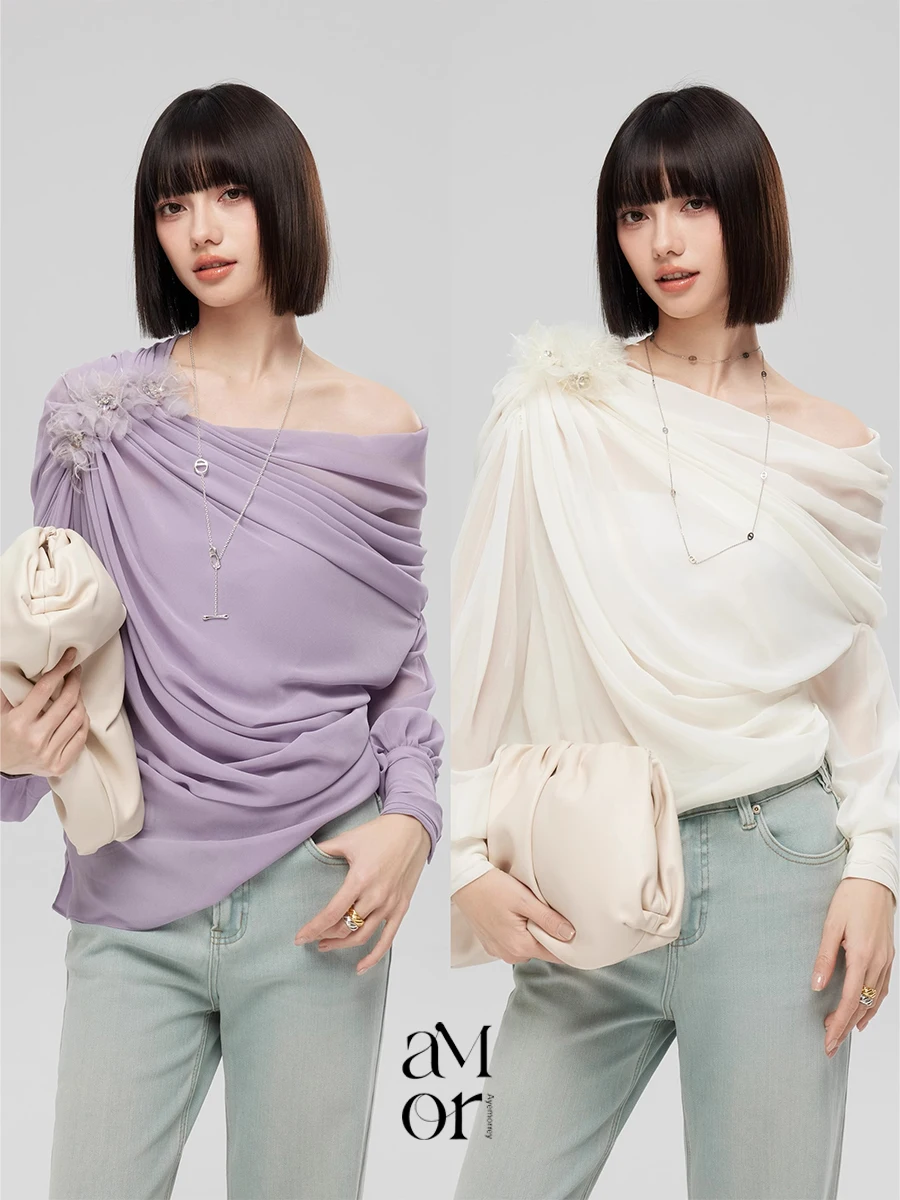 

Romantic Floral Long Sve Asymmetrical oulder Women's irt Ayemorrey Spring 2025 Polyester Fiber Thin Warmth Plant Pattern