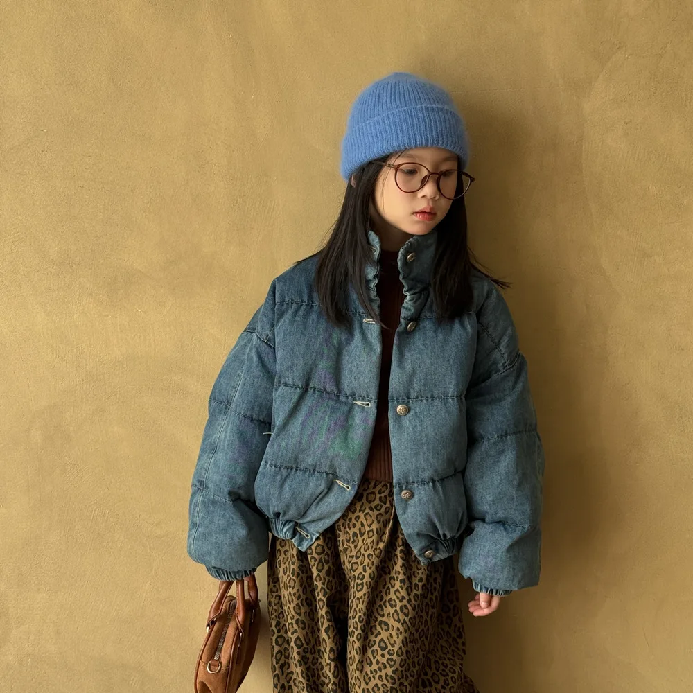 2026 New Autumn Winter Girls Cotton Puffer Coat, Korean‑Style Short Blue Denim Stand Collar Loose Kids Padded Jacket