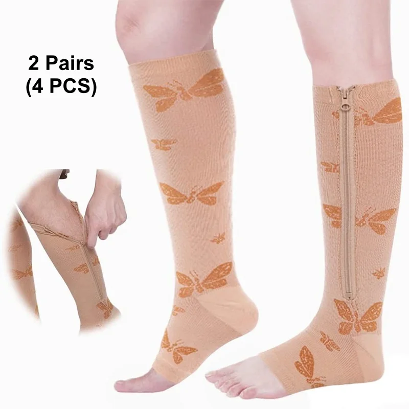 2 Pairs Open-Toe Compression Socks Zipper Calf Sleeve Leg Support Stockings for Women Men Varicose Vein Edema Circulation Relief