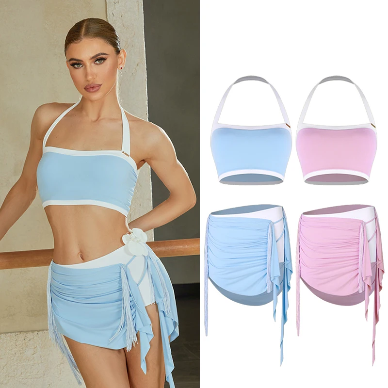 

Летняя женская одежда для латинских танцев, топы с бретелькой на шее, мини-юбки, румба, ча-ча, самба, танцевальная одежда, тренировочная одежда V23940