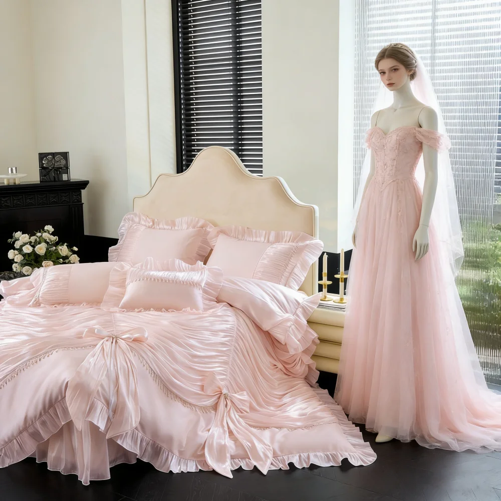 

Luxury Egyptian Cotton Bedding Sets Korean Style Lace Princess Wedding Duvet Cover Bed Skirt Bedspread Pillowcases Home Textile