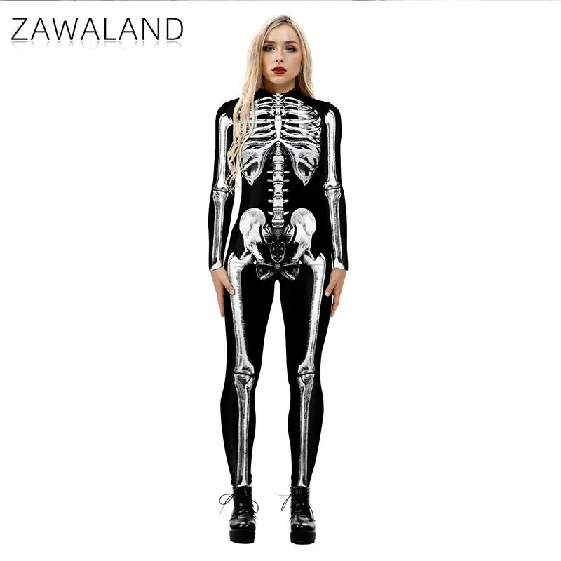 Macacão com estampa esqueletal 3D assustador para mulheres, traje cosplay Halloween, horrível macacão adulto, roupa de carnaval, macacão dia dos mortos