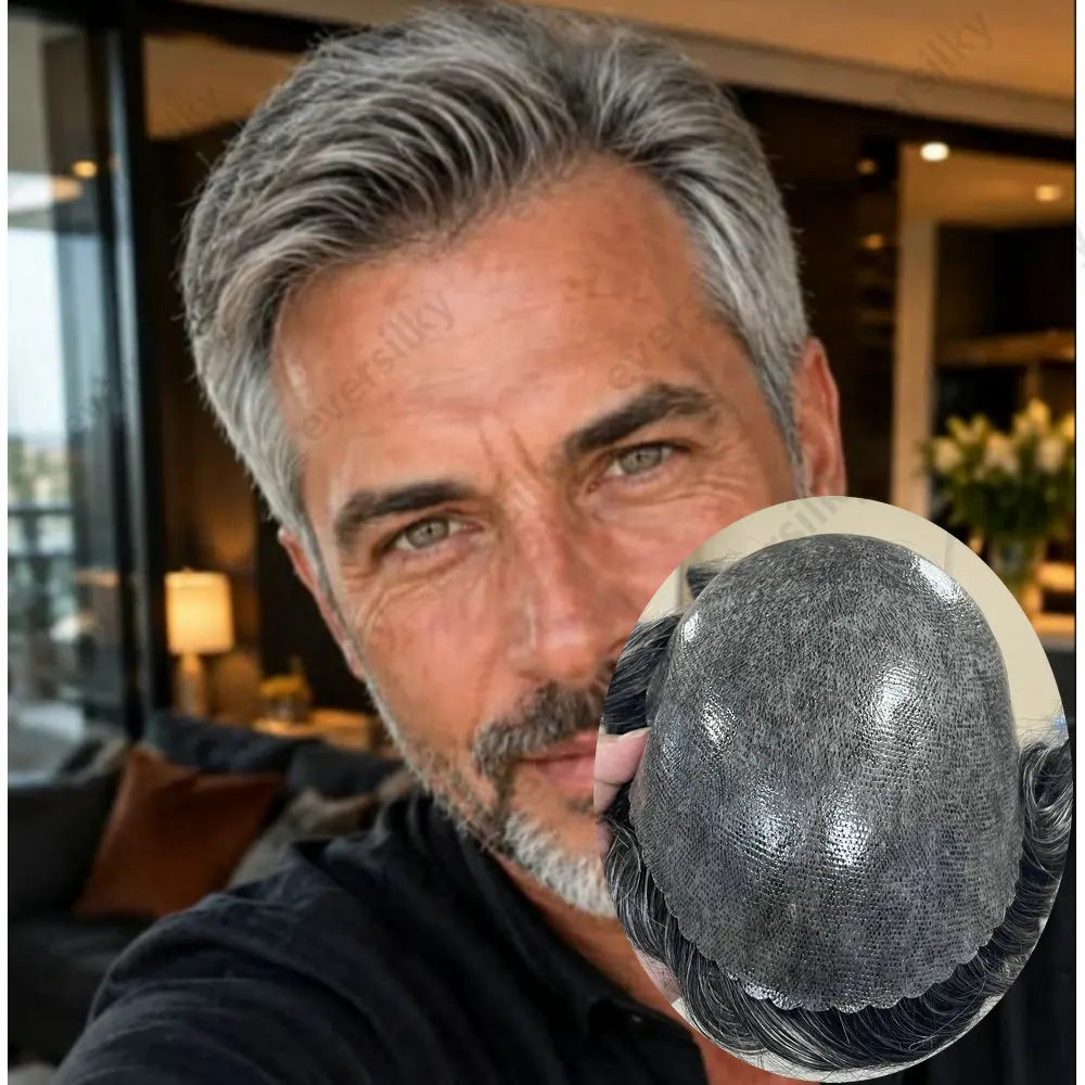 Old Man 65%Gray Hair Soft Human Hair Toupee for Men Natural Hairline Skinlike Poly PU Hairpiece Male Capillary Prosthesis System