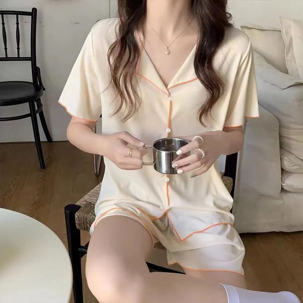 Summer Women Pajamas Set Short Sleeved Deep Pajama Suit V-Neck Tops And Shorts Two-piece Ladies Comfortable  Ice Silk Nightwear