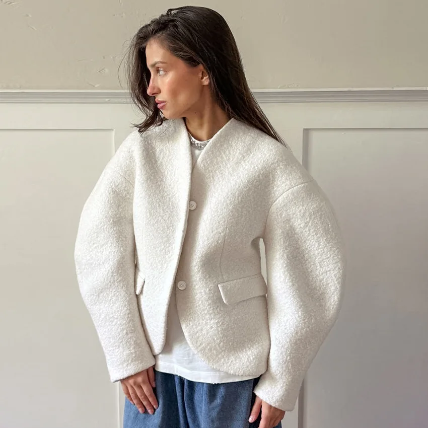 

Autumn Temperament White Thick Jacket Coat For Women Long Sleeve V Neck Cardigan Jacket Female Streetwear Outerwear