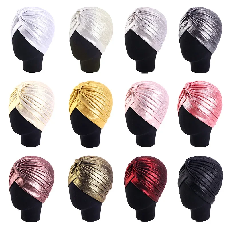 Women Muslim Indian Turban Pleated Glitter Shiny Bonnet Chemo Cap Solid Headwear Hijab Hair Loss Hat Cover Headscarf Wrap Caps