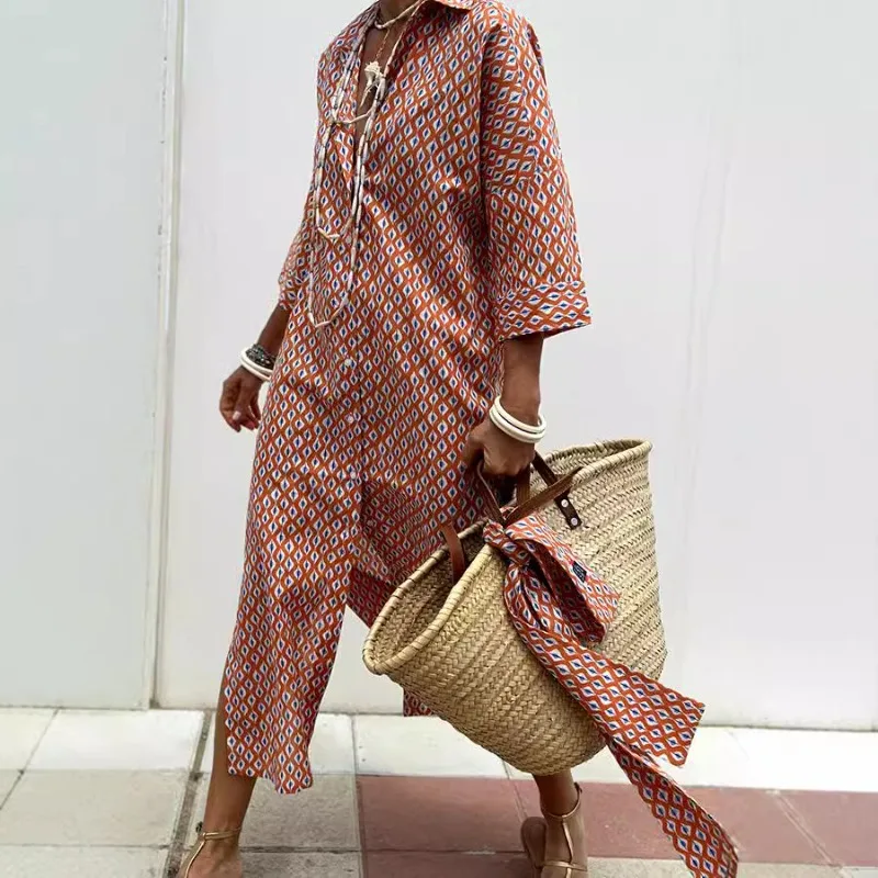 Summer Women Loose Print Bohemian Dress Elegant Stripe Half Sleeve Turn Down Collar Single Breasted Lace Up Long Shirt Dress