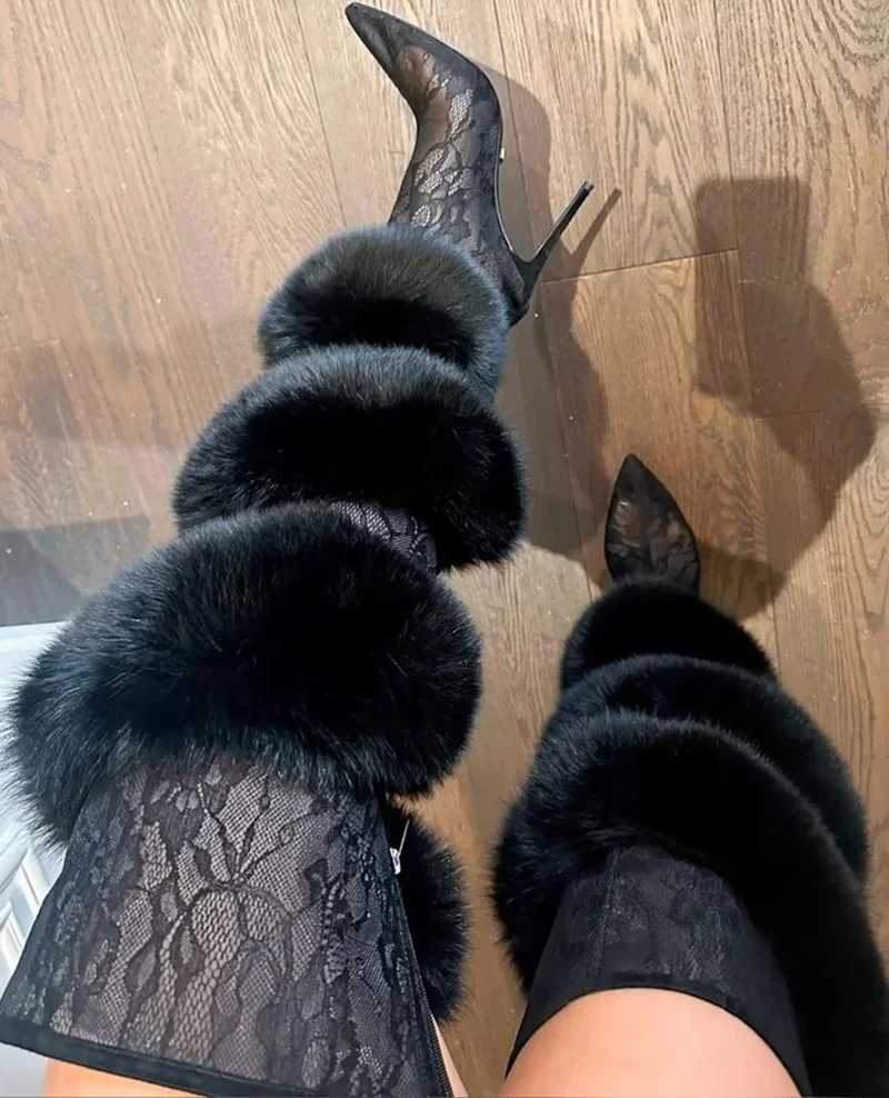 

Sexy Leopard Print Crisscross Furry Over-the-Knee Boots Pointed-Toe Stiletto Heels Women Thigh High Boots