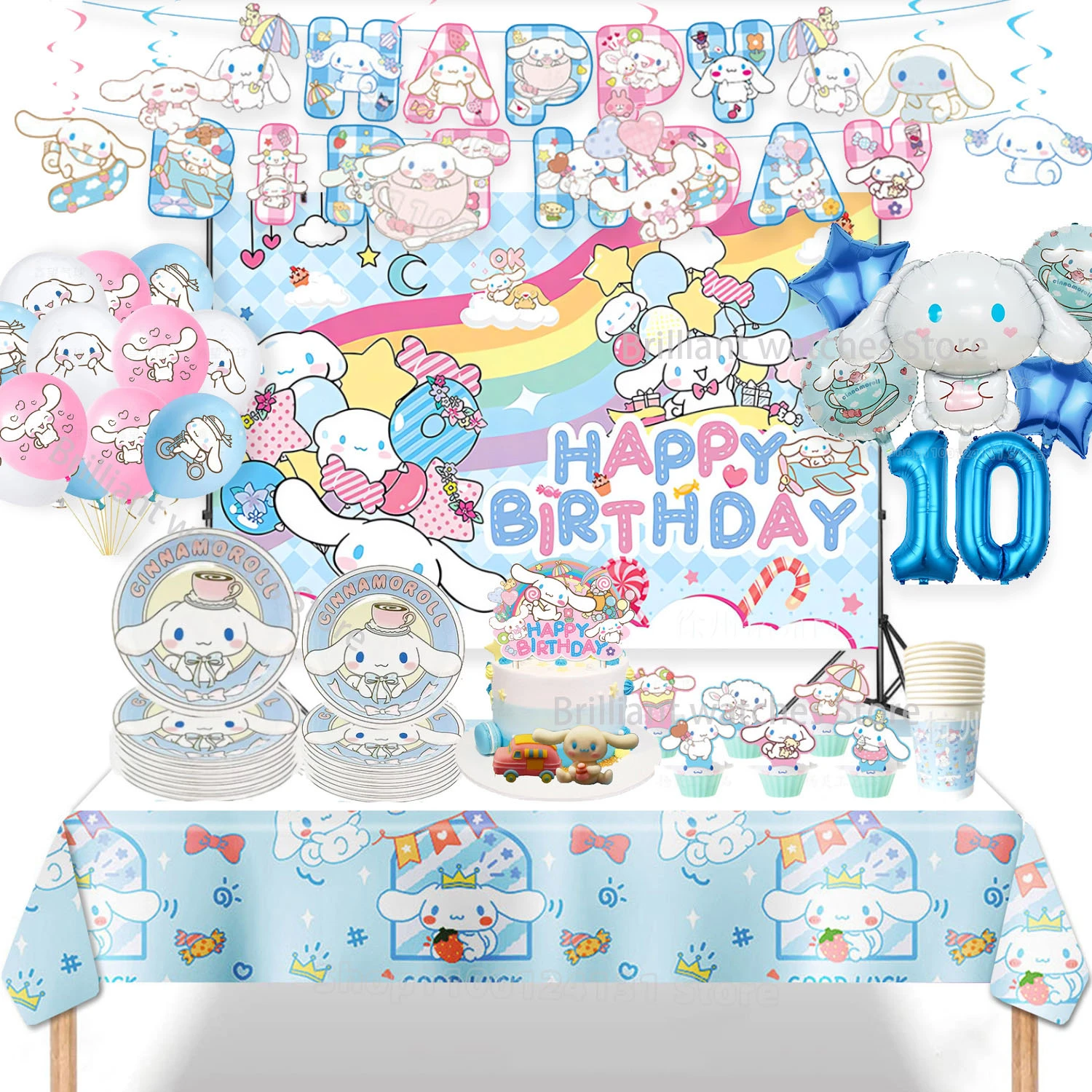 Cinnamoroll Birthday Decoration Party Tableware Decorations Backdrop Banner Poster Number Balloon Set Candy Box Cake Topper Gift