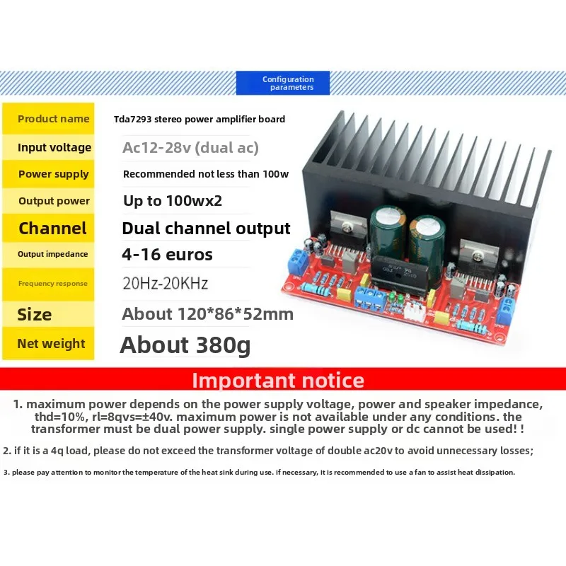 Hi-fi audiophile grade tda7293 dual-channel 2.0 high-power stereo amplifier board - ready to use