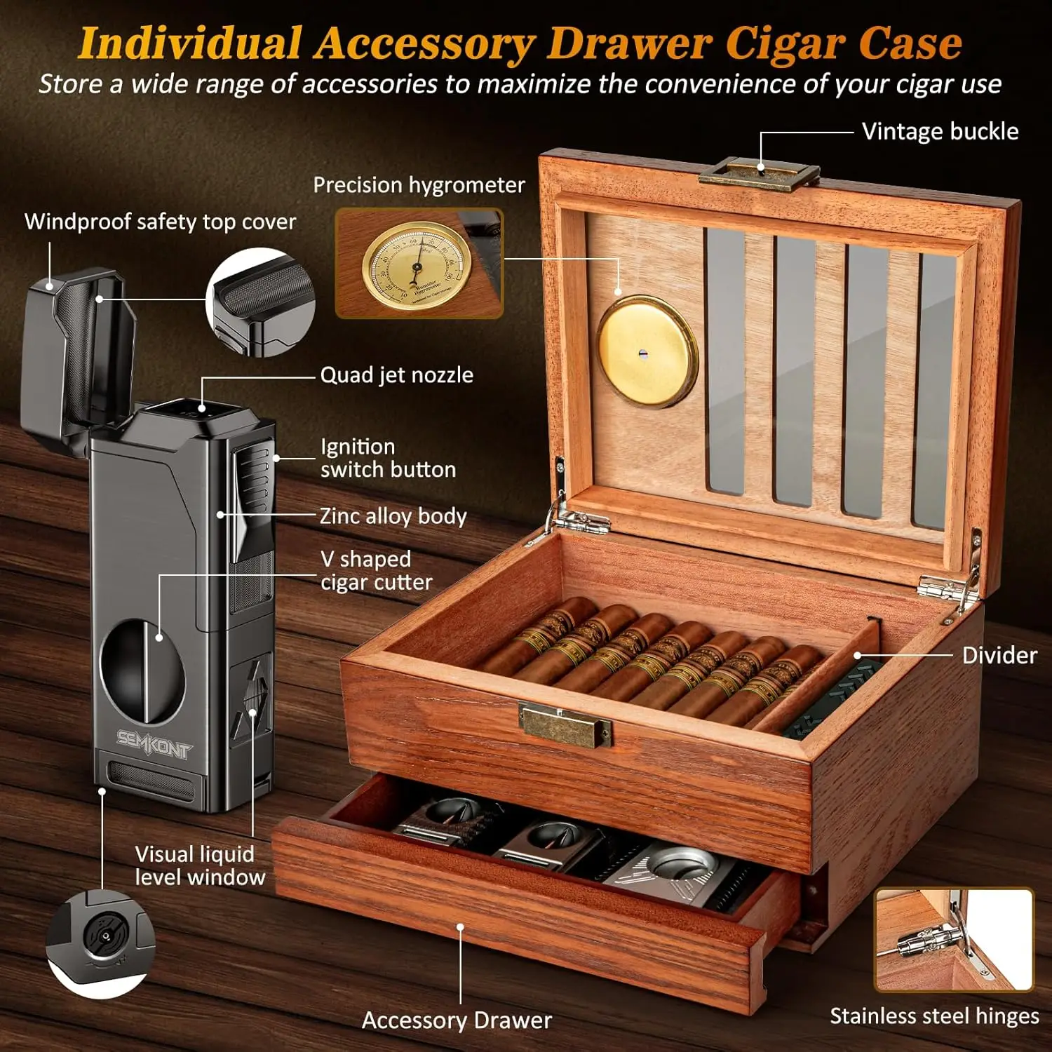 Cigar Humidor,Vintage Lock&Accessory Drawer Cedar Wood,Recessed Hygrometer Glass Top Desktop Humidor for 20-35 Cigars