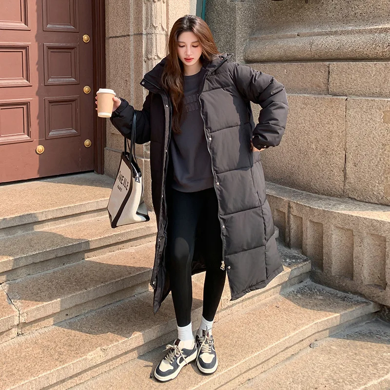 Long Parkas Coats Women Hooded Jackets Solid Long Sleeves Zipper Thick Loose Fit Oversize Office Lady Casual 2025 Autumn Winter