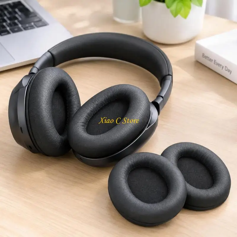 Y1AE Protein Leather Replacement Ear Cushions for Headphone, Black 1 Pair with Resilient Filling, Raised Contact Borders and