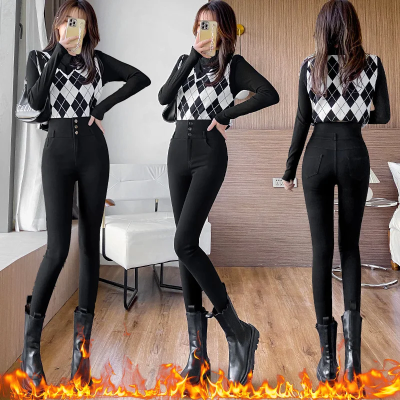 High Waist 3-Button Black Leggings Women Jeans Winter Fleece Lined Stretchy Skinny Pants Slim Thermal Trousers Warm Base Layer