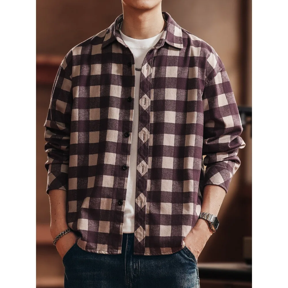 Korean Style Cropped Check Shirts for Men Loose Fit Long Sleeve Plaid Shirt Daily Casual Outerwear Top
