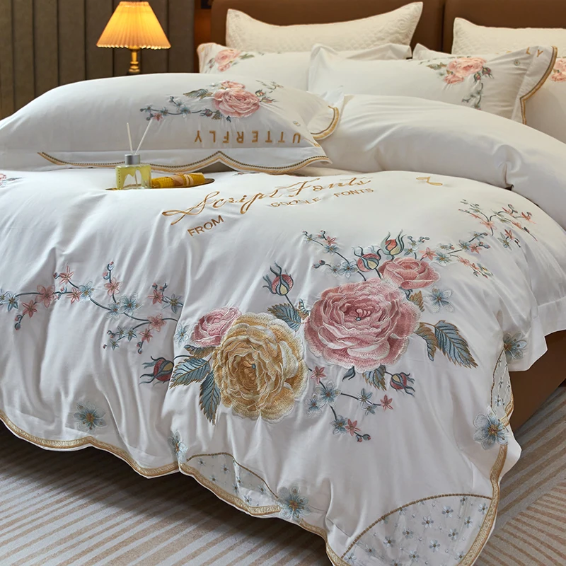 Peony Flowers Embroidery Luxury Bedding Set 1000TC Egyptian Cotton Duvet Cover Set Flat/Fitted Bed Sheet Pillowcases 4Pcs