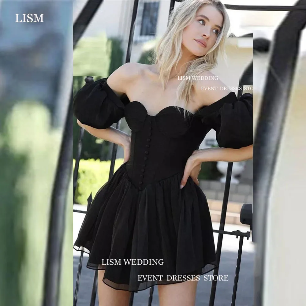 

LISM Sexy Black Mini Short Cocktail Dresses Puff Sleeve Tulle Princess Chic Party A-Line Dress Women's Wedding Party Ball Gowns