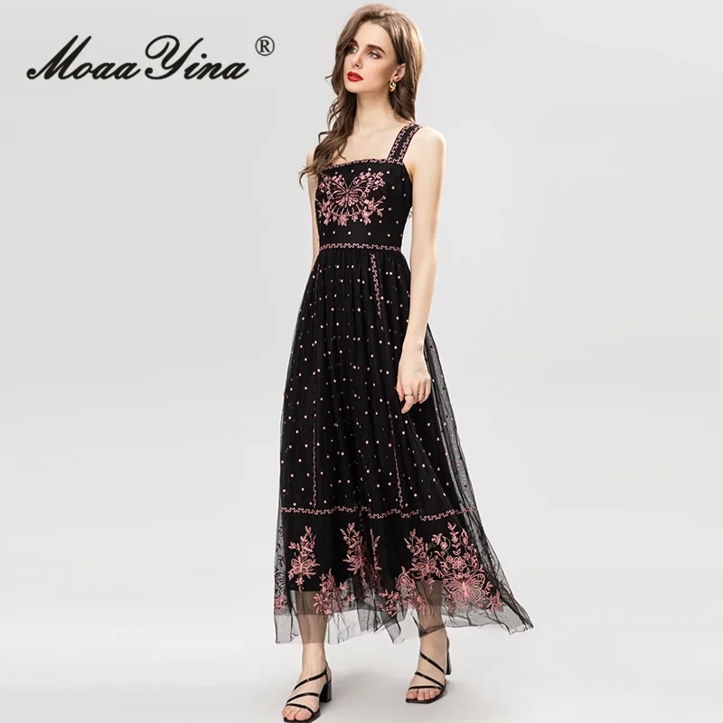 MoaaYina Summer Fashion Runway Dress Women Vintage Polka Dot Butterfly Embroidery Net Yarn Backless Spaghetti Strap Dresses