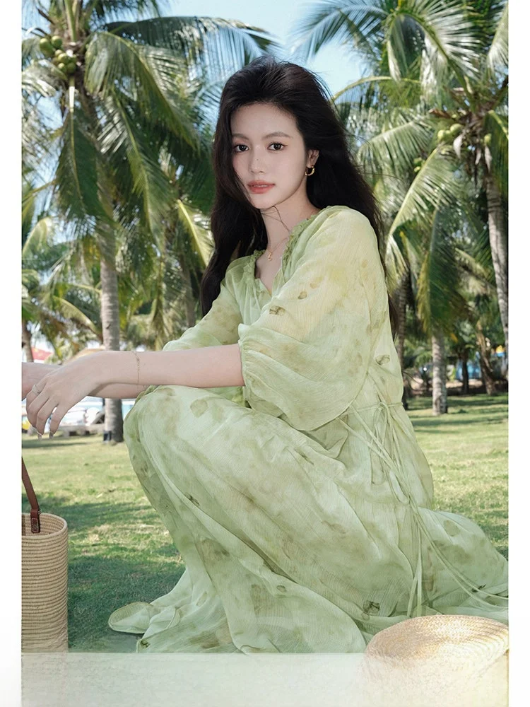 

een Floral Print Maxi Dr Women's Summer Beach Vaion Sle Ele Loose Waist Polyester Fiber Seven Sve Long Dr