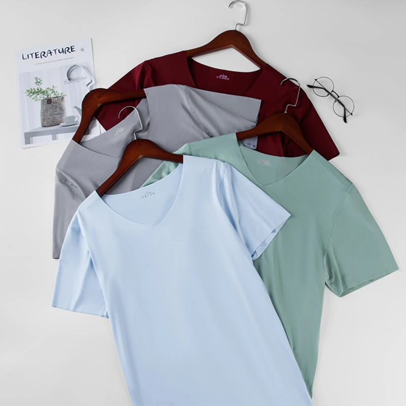 2024 Herren Dünnes Kurzarm-T-Shirt aus Eisseide, Einfarbig, Nahtlos, V-Ausschnitt, Slim Fit, Sommer-Unterhemd