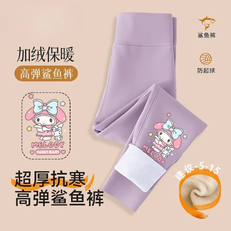 Pantalones de tiburón Kuromi de dibujos animados para niñas, además de terciopelo grueso, Otoño e Invierno, My melody, nuevas mallas de Yoga, pantalones Barbie para niños