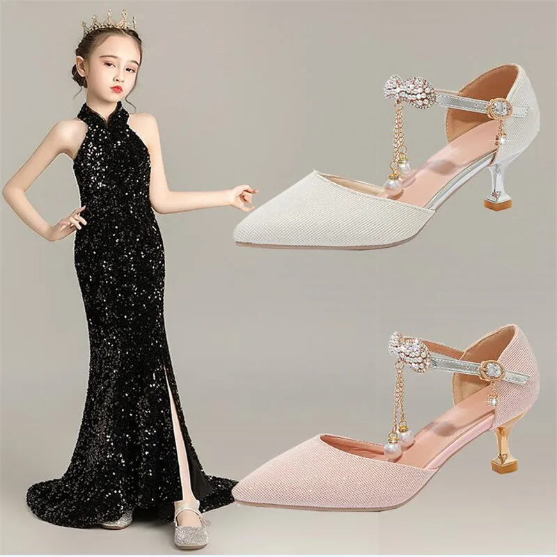 Sapatos de salto alto de couro para meninas, sapatos casuais com glitter e nó borboleta, estilo princesa, para crianças