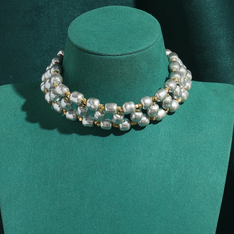 

Vintage Grey Pearl Layered Necklace Collar Choker High Quality Gold Color Baroque Style Brand Women Jewelry Banquet Dress 2026