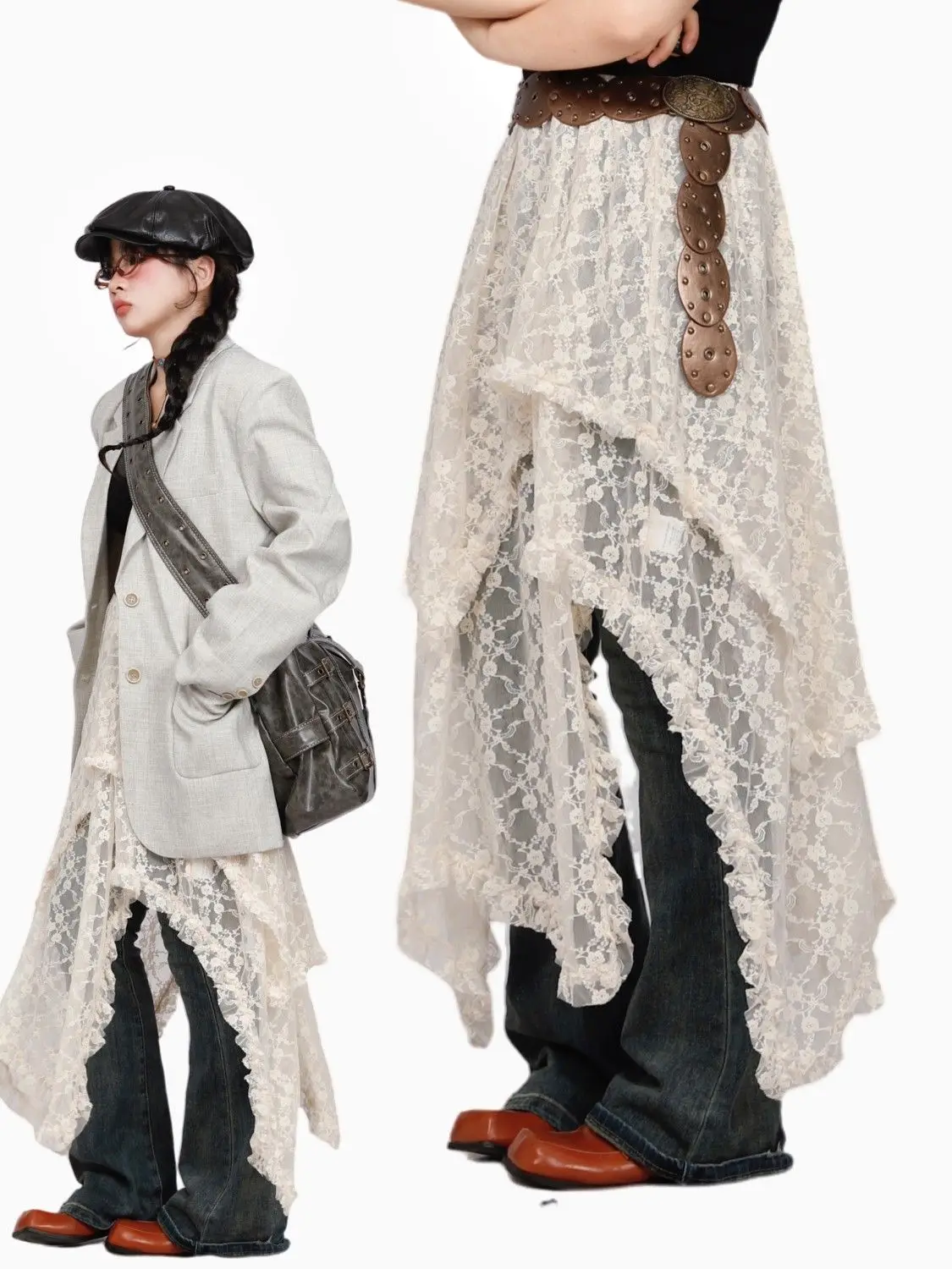Lace Vintage Long Skirts Irregular Holiday Y2k Skirt Women Boho See Through High Waist Elegant Tulle Midi Skirts Basics American