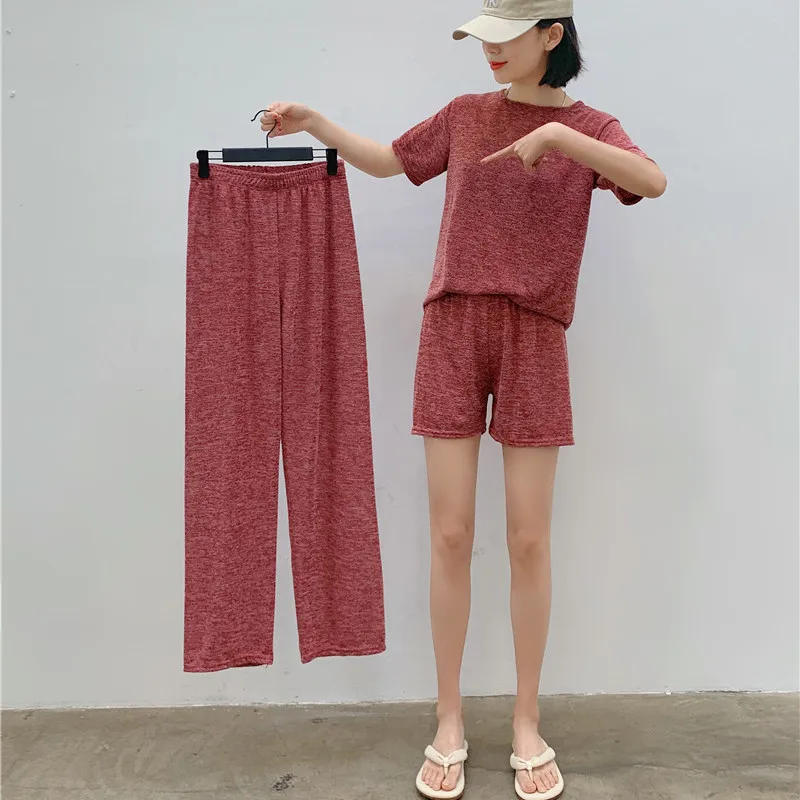 Casual Loose Sports 3pcs Set Women 2021 Homewear Oversized Short Sleeve Top and Shorts Long Pants Set Home Suit Pajamas 3pcs