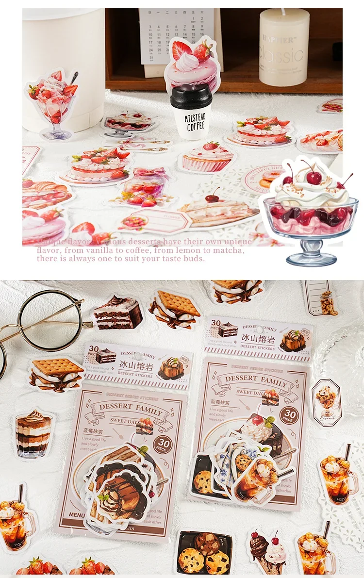 30pcs/pack Paper Stickers Dessert Family Bread Pudding Cake Icecream Theme Scrapbooking Journaling Decorative Collages