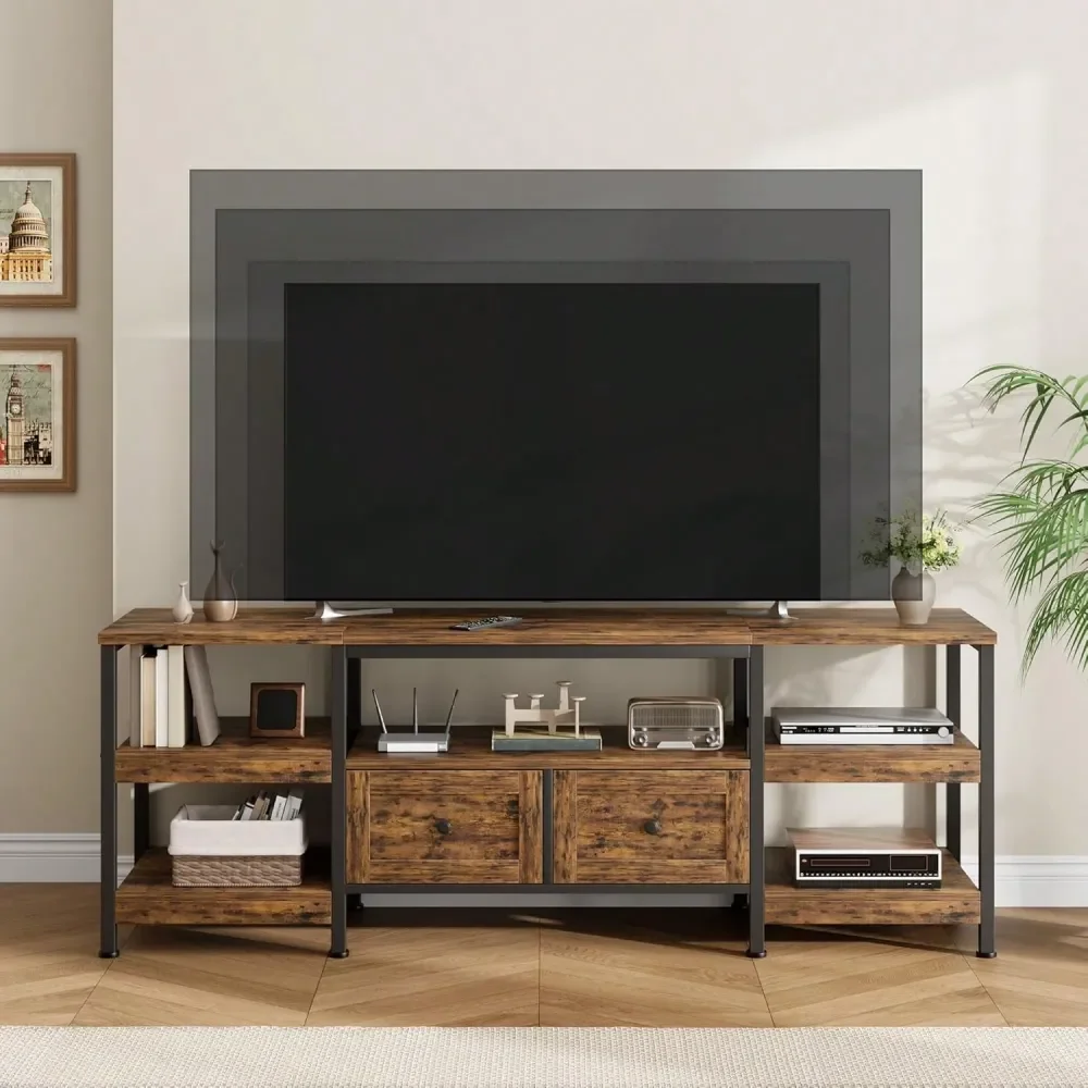 

63 71 79 ModernIndustrial TV Stand With 2 Fabric Drawers, Entertainment Center For TVs To 65 75 85 , Rustic Brown Media Cons